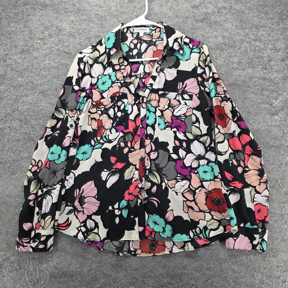 Express Portofino Button-Up Womens S Multicolor Floral Collared Long Sleeve